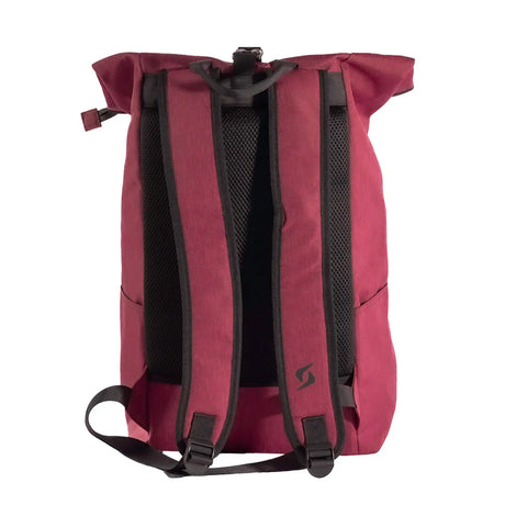 Maroon backpack with black straps on a white background
