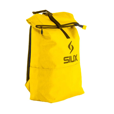 Yellow backpack with black drawstrings and 'SIUX' logo on a white background