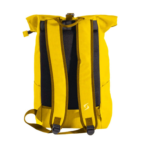Yellow backpack with black straps on a white background