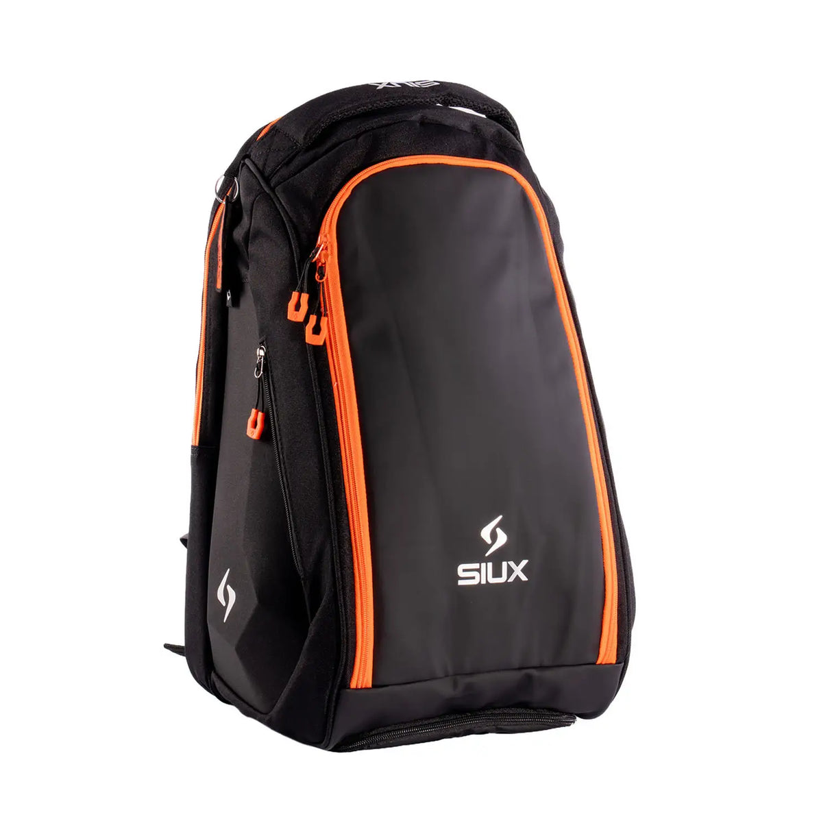 Black backpack with orange accents and SIUX logo on a white background
