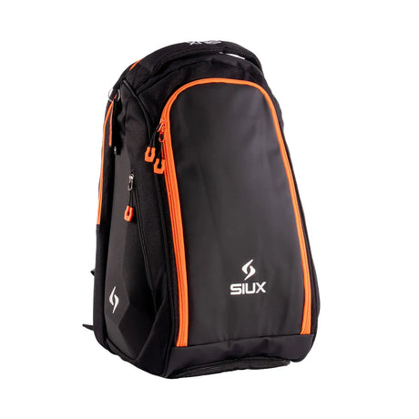 Black backpack with orange accents and SIUX logo on a white background