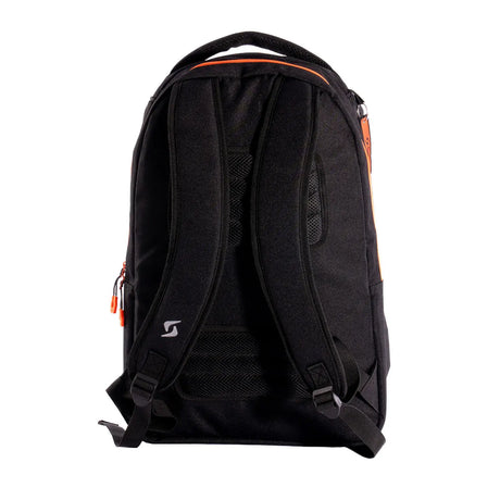 Black backpack with orange accents on a white background