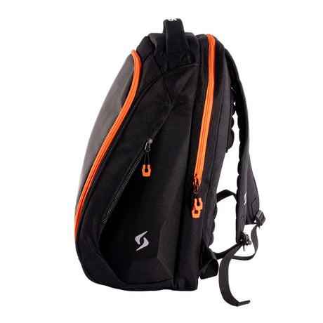 Black backpack with orange zippers on a white background