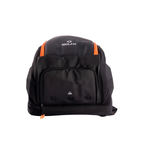Black backpack with orange accents on a white background