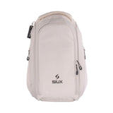 Light gray backpack with a visible brand logo on a white background