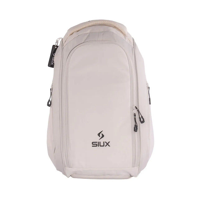 Light gray backpack with a visible brand logo on a white background