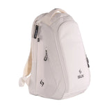 Light gray backpack with a brand logo on a white background