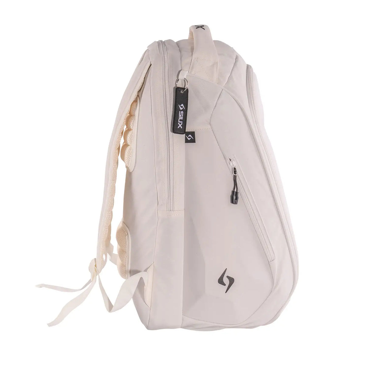 White backpack with a brand tag on a white background