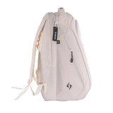 White backpack with a brand tag on a white background