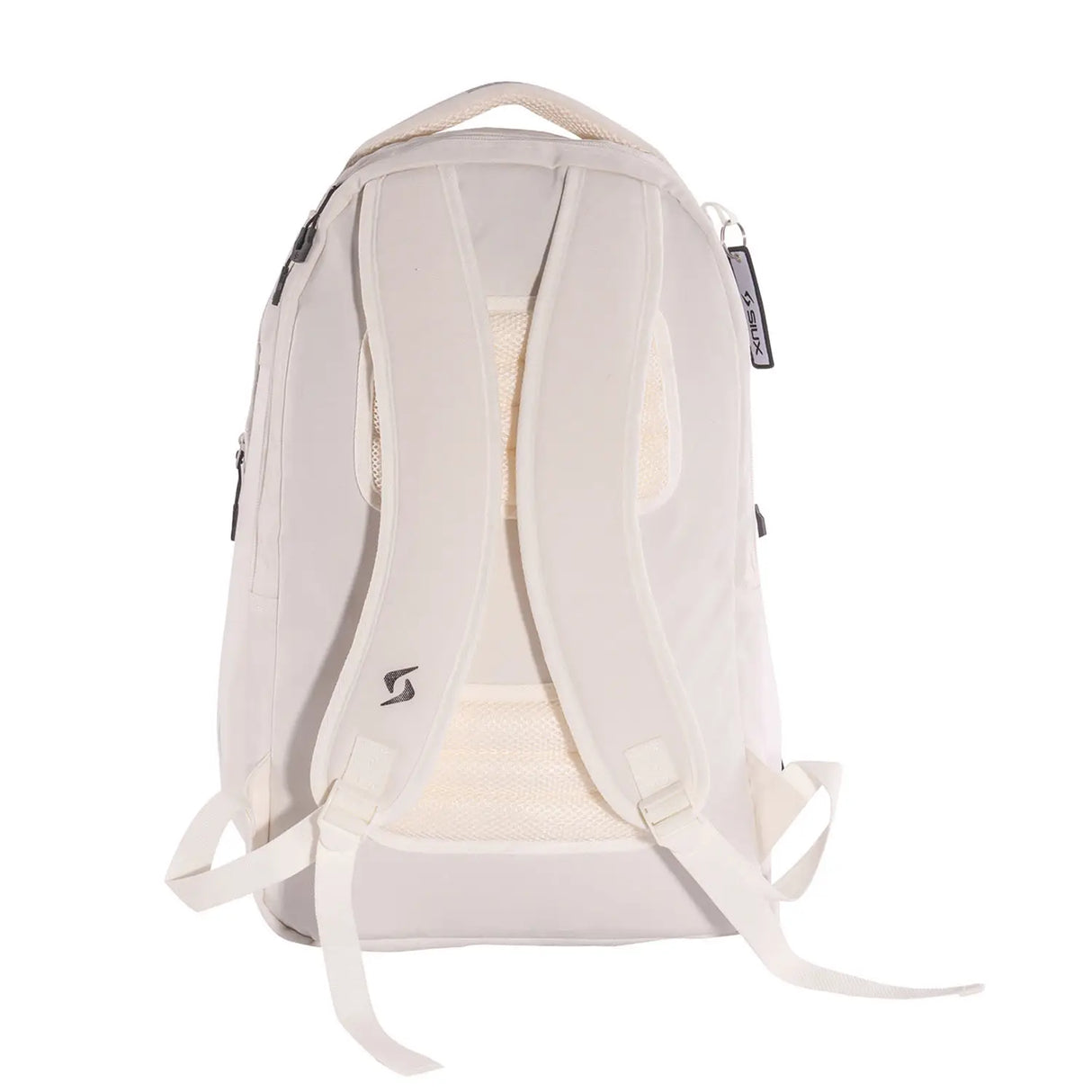 White backpack with mesh side panels on a white background