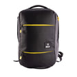 Black backpack with yellow accents and a visible brand logo on a white background