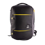Black backpack with yellow accents and a visible brand logo on a white background