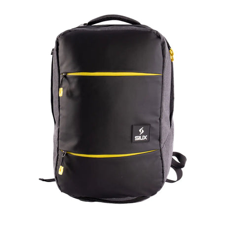 Black backpack with yellow accents and a visible brand logo on a white background
