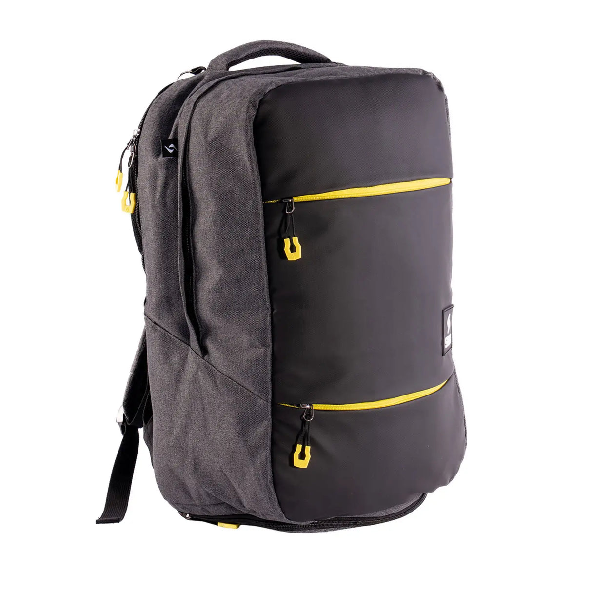 Black backpack with yellow accents on a white background