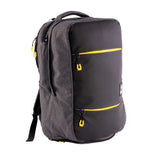 Black backpack with yellow accents on a white background