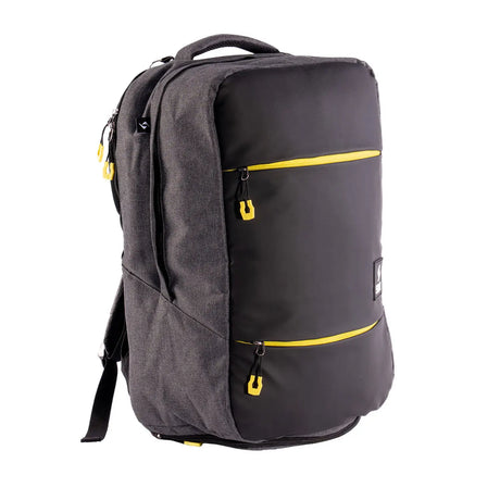 Black backpack with yellow accents on a white background