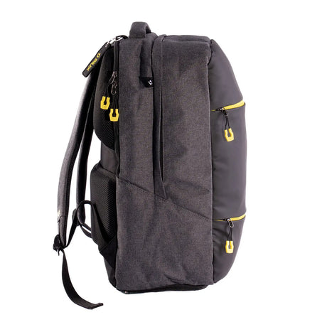 Gray backpack with yellow zippers on a white background