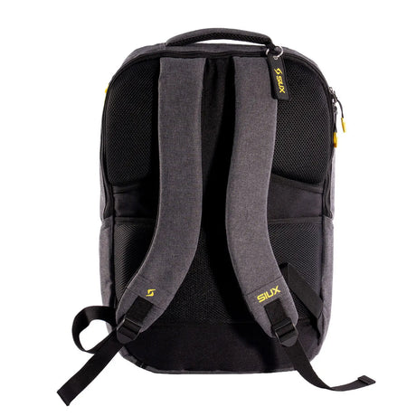 Gray backpack with visible brand logo on a white background