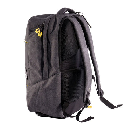 Gray backpack with a yellow logo on a white background