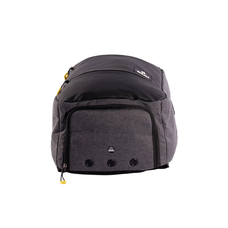 Gray backpack with visible brand logo on a white background