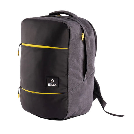 Gray backpack with yellow accents and Silux logo on a white background