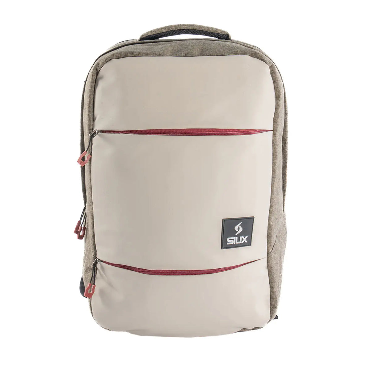 Beige backpack with red accents and a visible brand logo on a white background