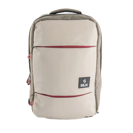 Beige backpack with red accents and a visible brand logo on a white background