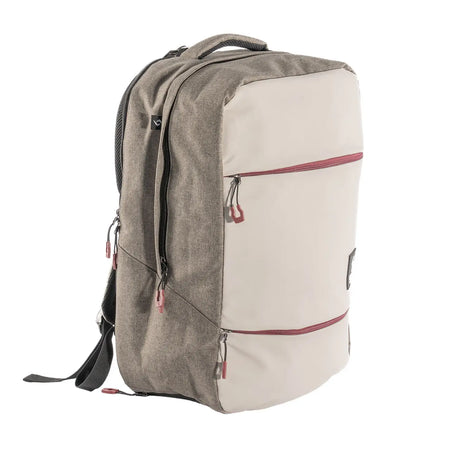 Two-tone backpack with gray and beige sections on a white background