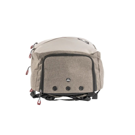 Beige backpack with black accents on a white background