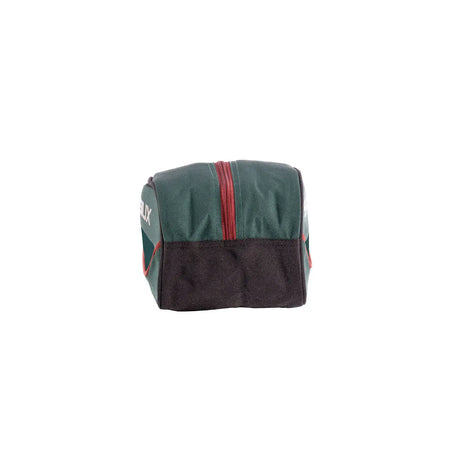 Green and black bag with red accents on a white background