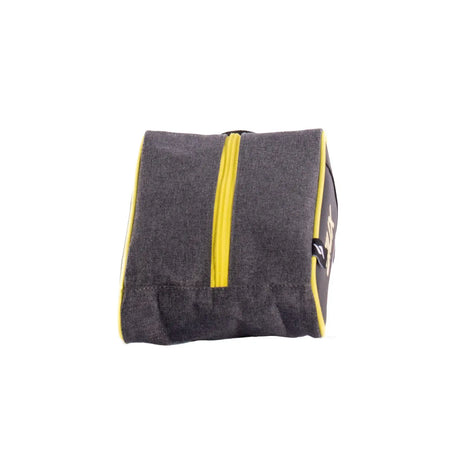 Gray pouch with a yellow zipper on a white background