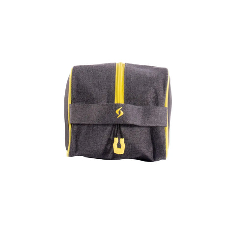 Gray pouch with yellow accents on a white background