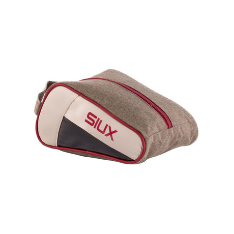 Grey and beige pillow with red zipper and 'SIUX' branding on a white background