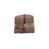 Brown pouch with red zipper and logo on a white background