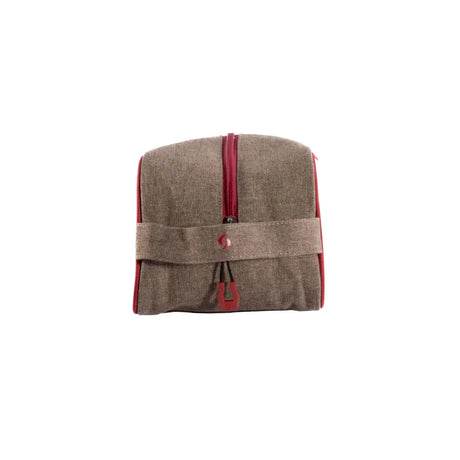 Brown pouch with red zipper and logo on a white background
