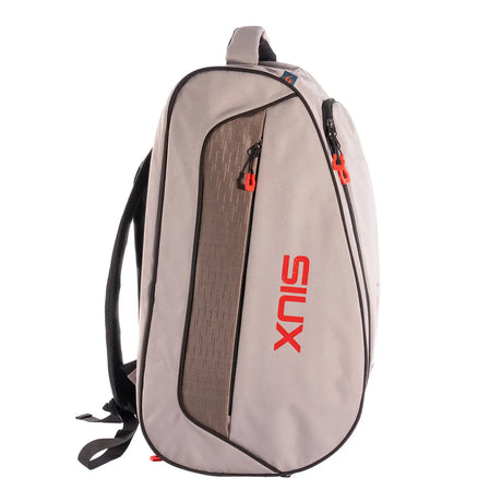 Gray backpack with red 'Siux' logo on a white background