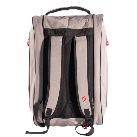 Gray and black backpack with a visible brand logo on a white background