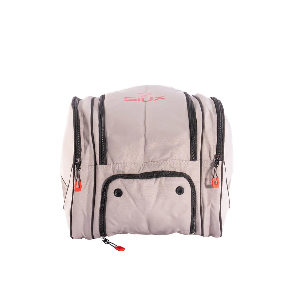 Gray backpack with black accents and visible brand logo on a white background