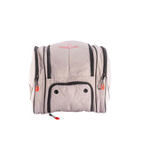 Gray backpack with black accents and visible brand logo on a white background