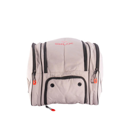 Gray backpack with black accents and visible brand logo on a white background