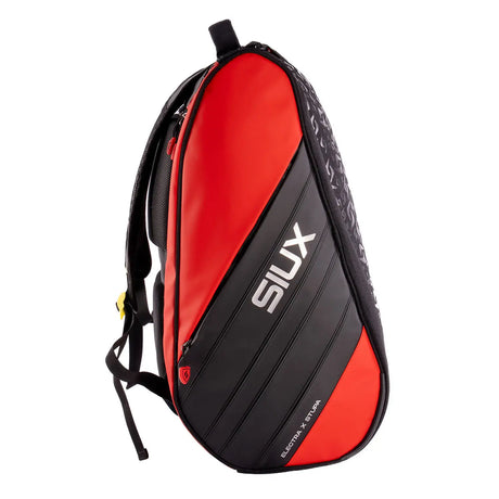 Red and black backpack with 'SIUX' branding on a white background