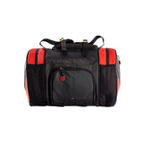 Black and red duffel bag on a white background