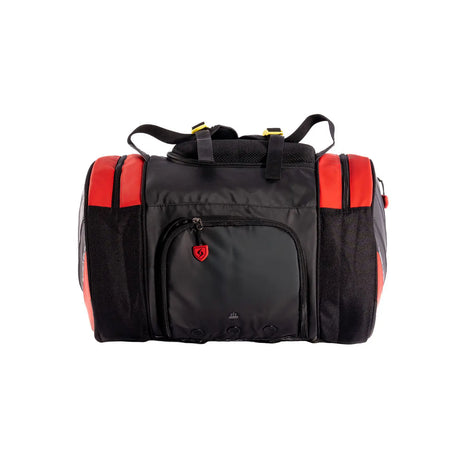 Black and red duffel bag on a white background
