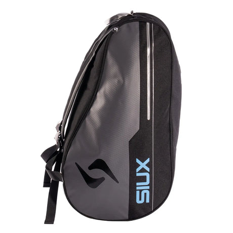 Black and gray sports bag with a brand logo on a white background