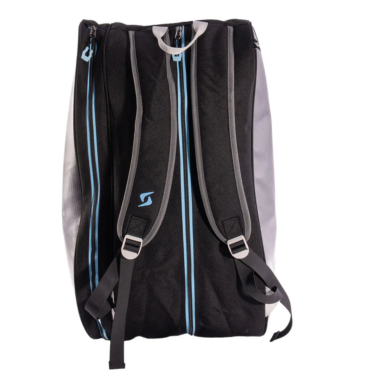 Black backpack with gray straps and blue accents on a white background