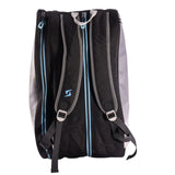 Black backpack with gray straps and blue accents on a white background