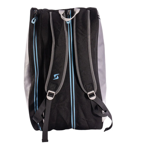 Black backpack with gray straps and blue accents on a white background
