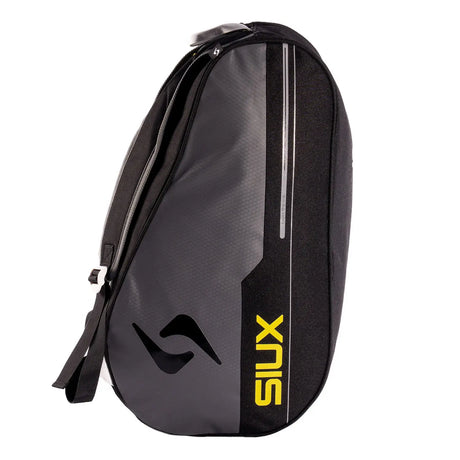 Black and gray sports bag with yellow branding on a white background