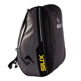 Black backpack with yellow branding on a white background