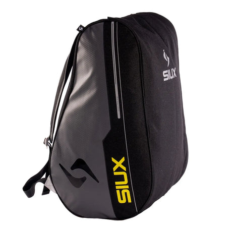 Black backpack with yellow branding on a white background